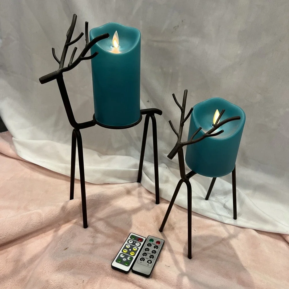 2 Reindeer Candle Holders Standing‎ Iron Metal with flames less remote candles